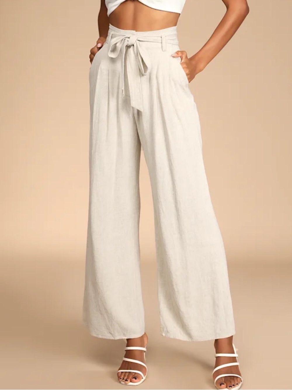 NEW! Lulu's Cream/Beige High-Waist Tie Belt Wide-Leg Pants | Women’s Size M